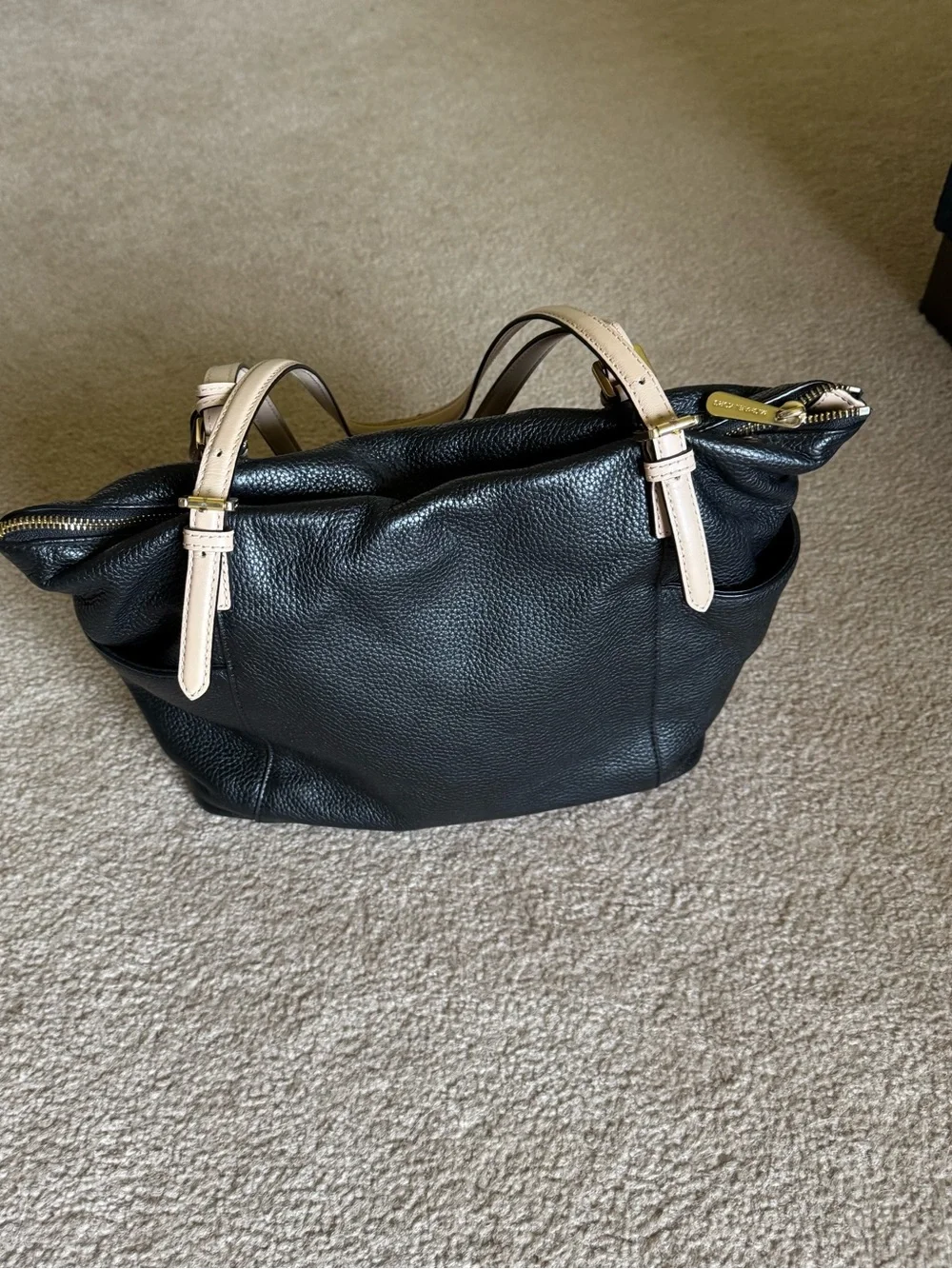 Michael Kors Black Pebbled Leather Shoulder Tote with Beige Straps